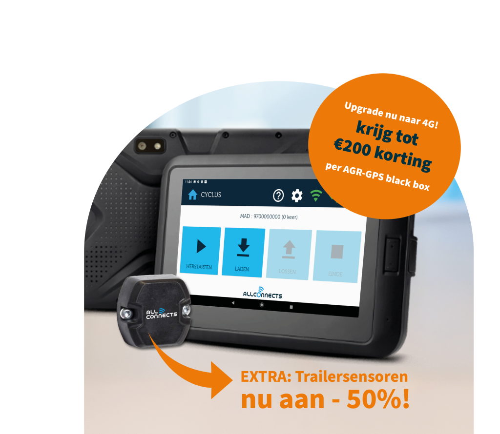 AGR-GPS blackbox en tablet met de CYCLUS-app voor mesttransport — actie: tot €200 korting per 4G blackbox en trailersensoren aan 50%