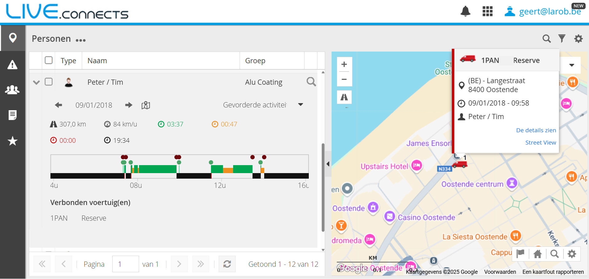 Activité quotidienne d'un employé sur LIVE.connect avec kilomètres parcourus, temps de conduite et localisation en temps réel, automatiquement liés au véhicule.
