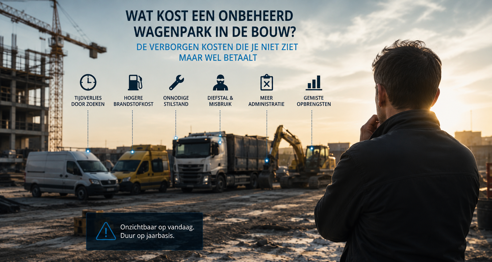 Onbeheerd wagenpark in de bouw: de verborgen kosten - tijdverlies door zoeken, hogere brandstofkost, onnodige stilstand, diefstal en misbruik, meer administratie en gemiste opbrengsten
