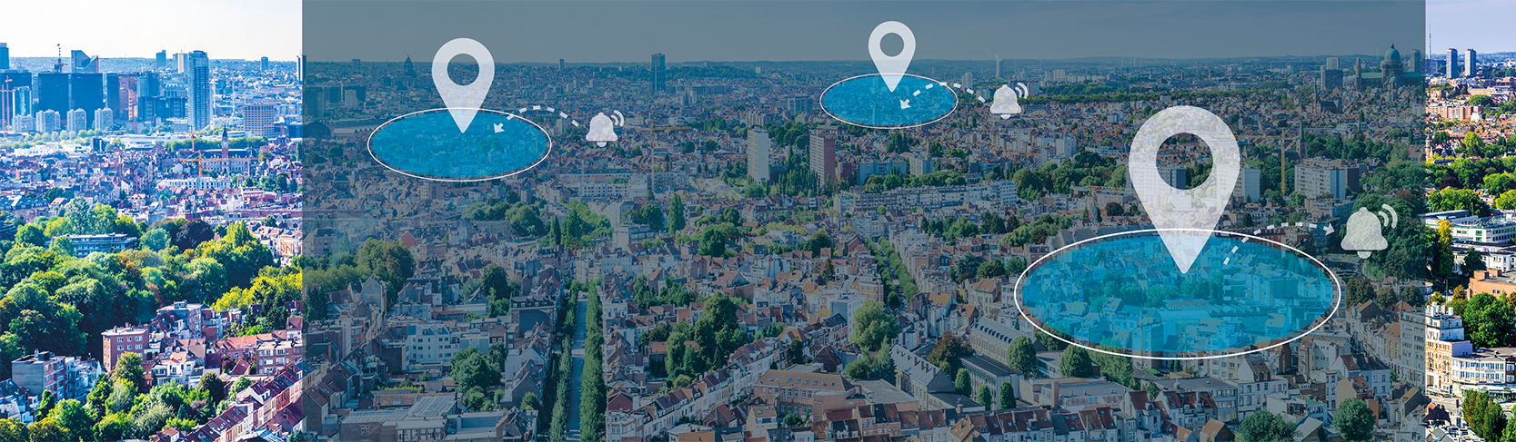 Luchtfoto van Brussel, met een 3 witte locatiepins boven een blauw oplichtende geofencezone; een stippellijn loopt naar een meldingsbel.