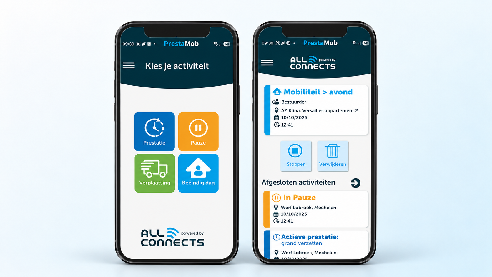 Deux smartphones équipés de l'application PrestaMob et le récapitulatif des activités enregistrées