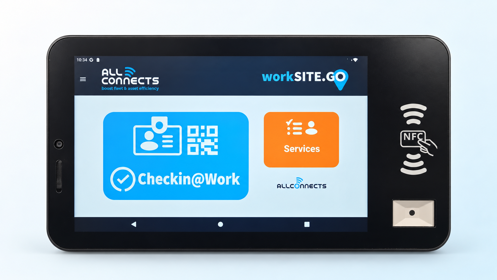 Tablette de chantier équipée de l'application workSITE.GO pour l'enregistrement Checkinatwork et la saisie des temps à l'entrée du chantier