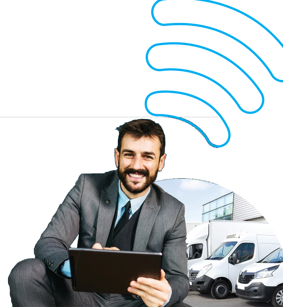 Fleet manager met tablet bij een wagenpark bestelwagens